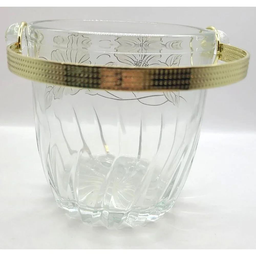 Vintage Clear Glass Ice Bucket With Gold Floral Design & Handle